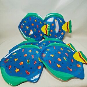 Vintage Set Of 6 Colorful‎ Melamine Plastic Fish Plates Leahy Designs Nautical